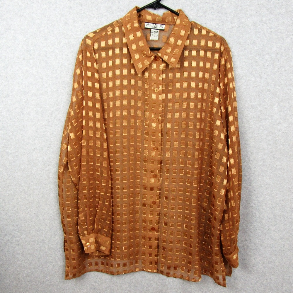 Gold Sheer Button Down Blouse Shirt Long Sleeve
